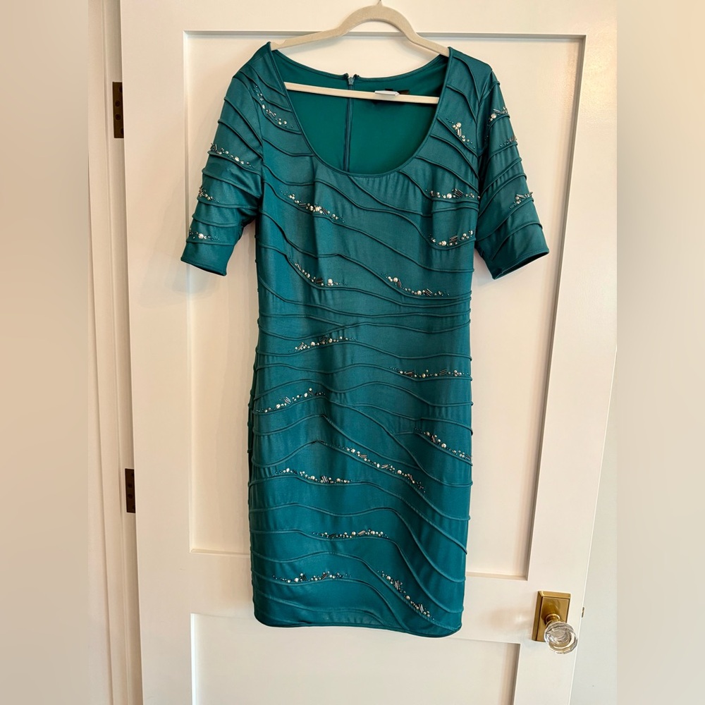 Tadashi Shoji Teal Embellished Midi Dress EUC